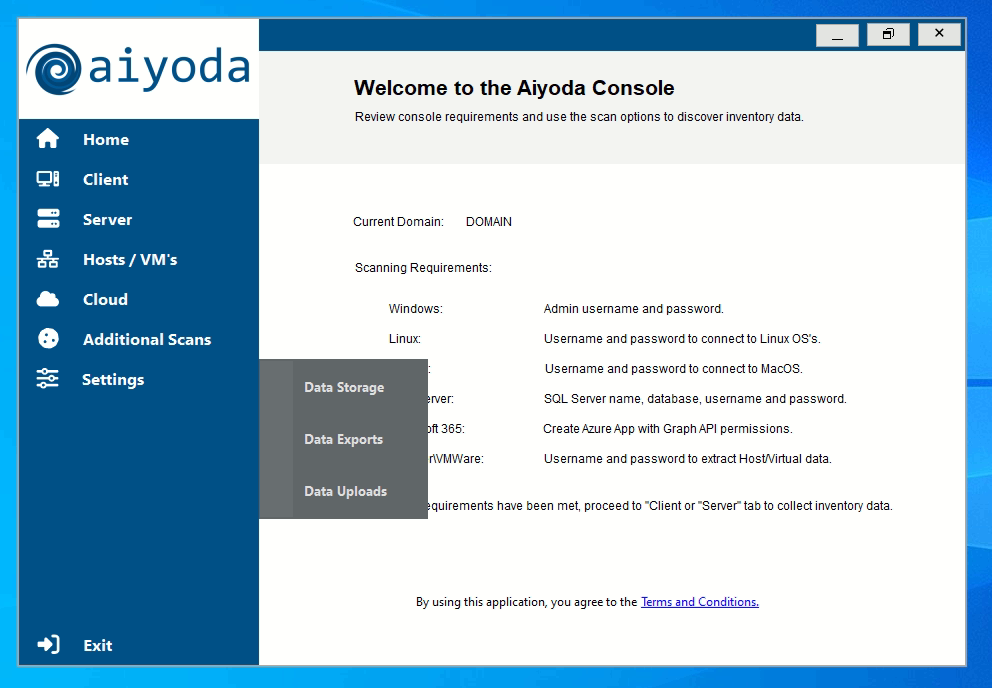 Aiyoda Console home screen with the Settings menu expanded showing Data Storage, Data Exports and Data Uploads