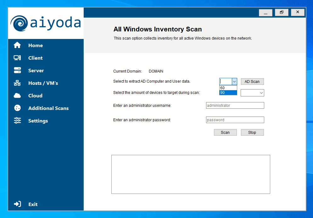 Aiyoda Console Active Directory scan screen