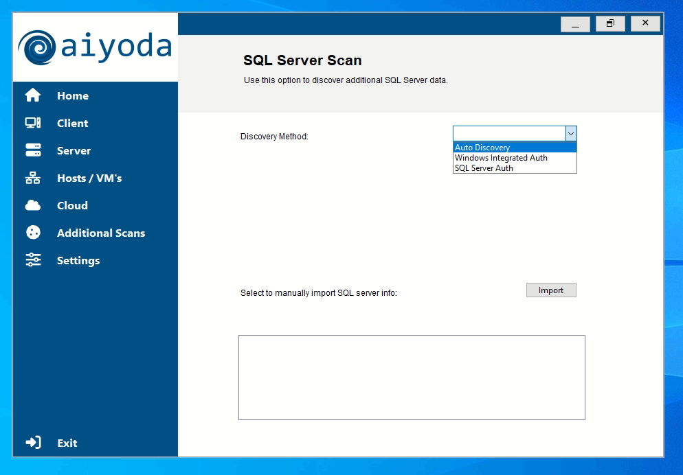 Aiyoda Console SQL Server scan screen